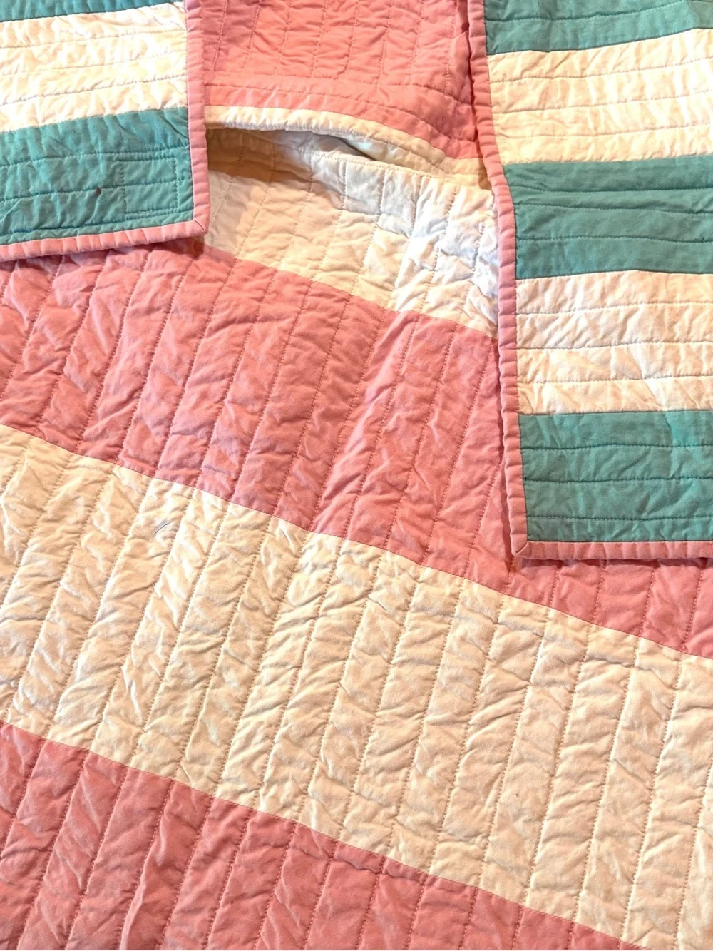 Handmade Pastel Pink and Teal Stripe Quilt - Soft Modern Bedding
